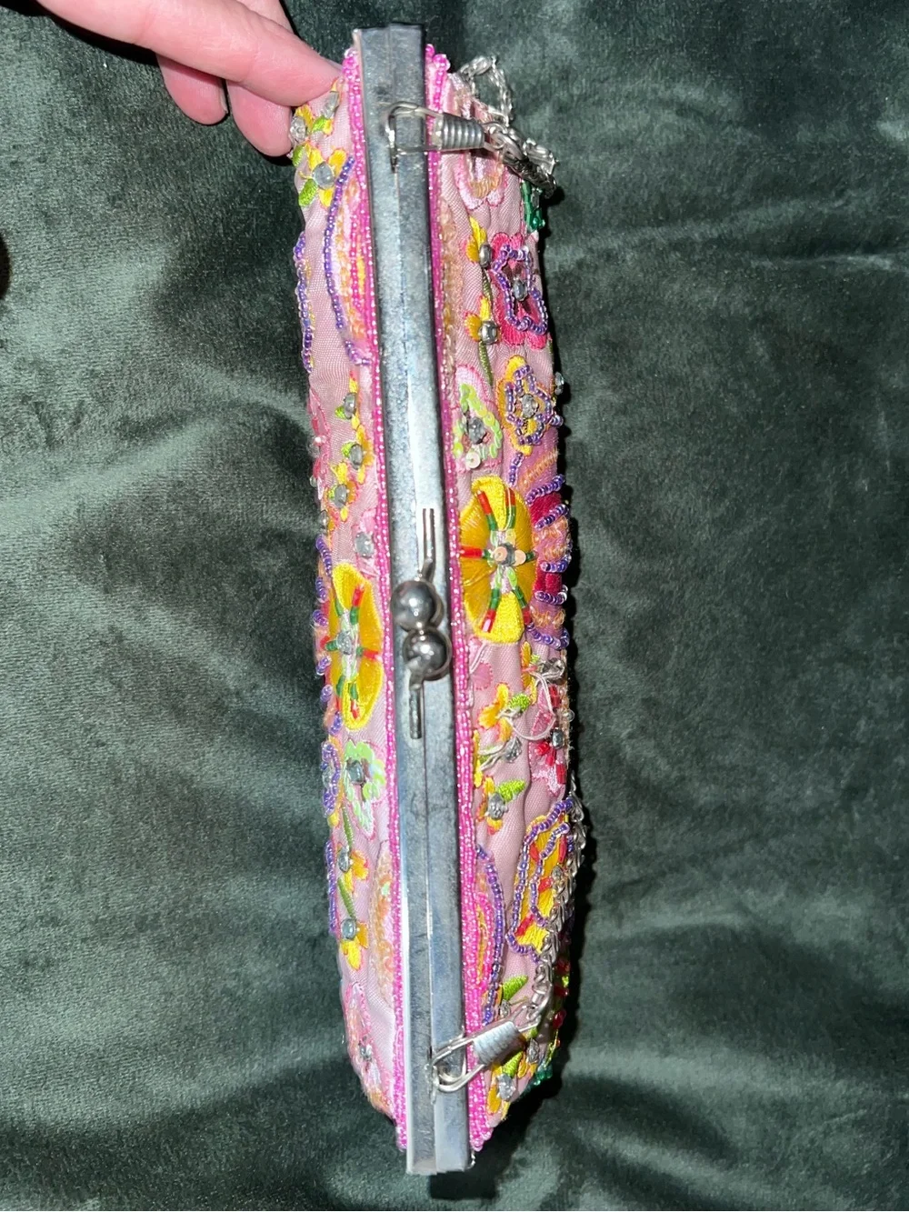 Vintage NY&Co Embroidered Pink Floral Evening Clutch with Chain Strap